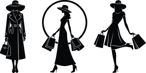 Three elegant, fashionable women black silhouettes wearing hats and dresses, holding shopping bags, isolated for luxury retail and advertising vector design.