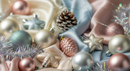 Elegant christmas baubles, pinecones, and tinsel on soft fabric, festive winter decor. isolated on white background, Vector