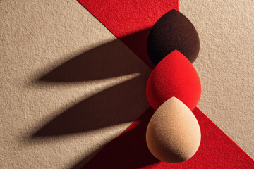 Makeup sponges in red, brown, and beige create artistic shadows