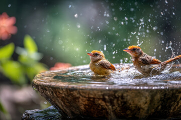 Two birds splashing joyfully in water