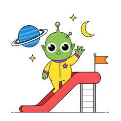 Cute Green Alien Child Waving on a Red Slide with Space Elements.