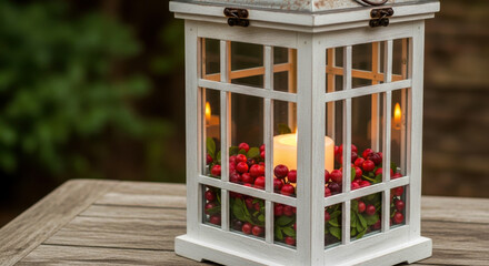 Rustic white wooden lantern with glowing candle and festive red berries on wooden table isolated on white background, Vector