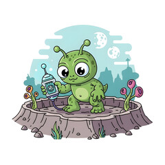 Cute green alien holding a futuristic device on a rocky surface.