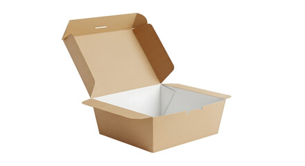 Open brown cardboard food container with white interior on black background