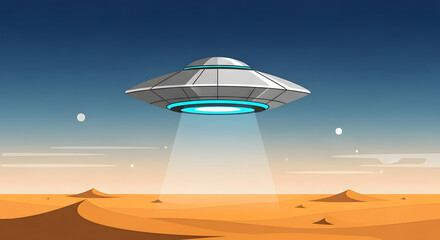 Flying saucer hovering over desert landscape with bright lights beaming down.