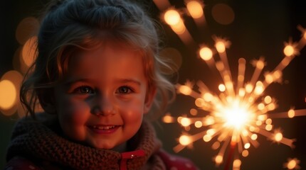 Bonfire night celebration with sparkler reflection in child's eyes - perfect for festive event design 

