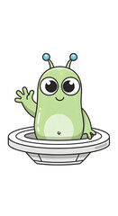 Friendly alien waving from spaceship cute cartoon character illustration.