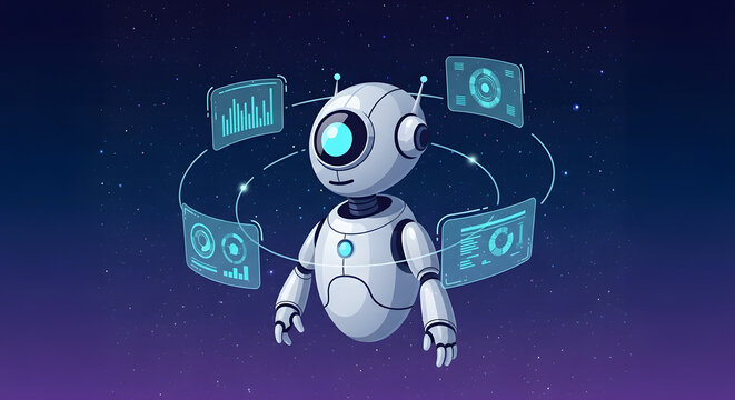 Cute robot with futuristic screens showing data analytics.