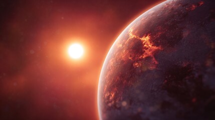 Obraz premium Volcanic planet and distant star in red-orange space