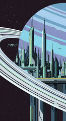 Futuristic city with towering skyscrapers on a celestial ring structure.