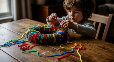 Focused young child crafting colorful yarn wreath on rustic wooden table, learning activity isolated on white background, Vector
