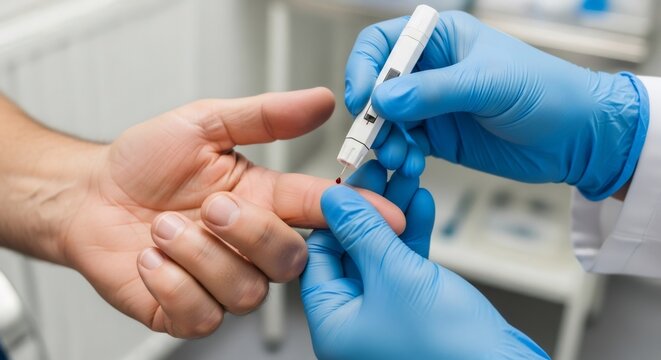 Woman in blue gloves drawing blood from a mans finger for a blood glucose test. Diabetes diagnosis and monitoring for senior health.