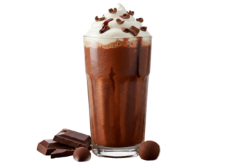 Hyper-realistic, tack sharp medium close-up of a dense, dark chocolate milkshake, dramatically drizzled with viscous syrup and crowned with glossy cream on a cocoa-dusted surface. Concept for