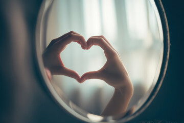 Heart shape formed by hands showing affection and self love inside glass