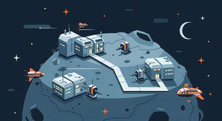 Futuristic Moon Base with Modular Structures and Spaceships.