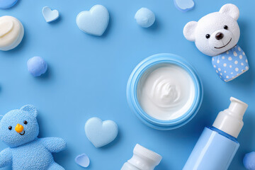 Childs gentle skincare with soft teddy bear, hearts