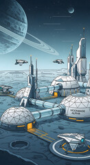 Futuristic space colony on alien planet with advanced technology and spacecraft.
