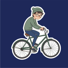 Obraz premium A stylish young person wearing a beanie and glasses rides a bicycle in a flat design illustration, perfect for stickers