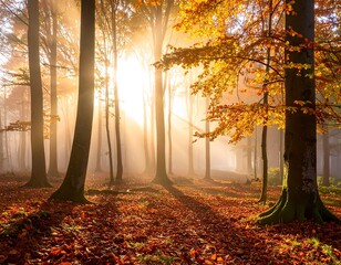 Sun rays stream through trees in a forest during autumn