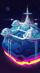 Futuristic Space Station Orbiting a Blue Planet.