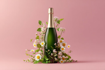 Sparkling wine bottle with delicate flowers, celebratory joy and elegance