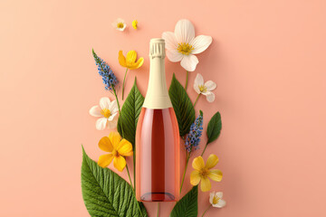 Bottle with flowers and leaves, celebrating joy and beauty