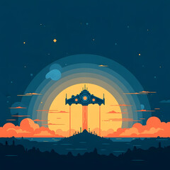 Futuristic Spaceship Launching into a Vibrant Sunset Sky.
