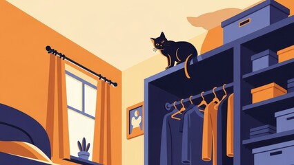 Black Cat Perched Atop Wardrobe in Cozy Bedroom Interior.