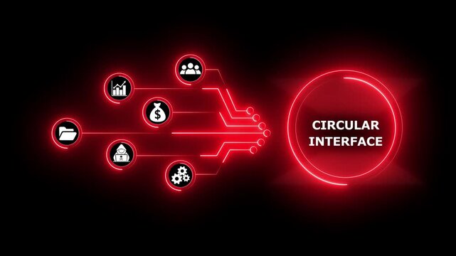 Red Neon Circular Interface With Business Icons And Flowing Lines Keywords: circular, interface, technology, network, connection, data, digital, futuristic, abstract, glowing, neon, red, lines.