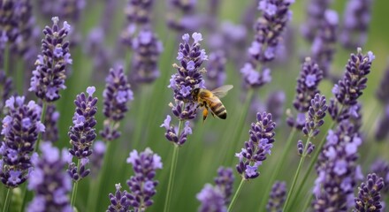 Obraz premium Close-up of a honeybee pollinating a field of vibrant purple lavender flowers under natural light.
