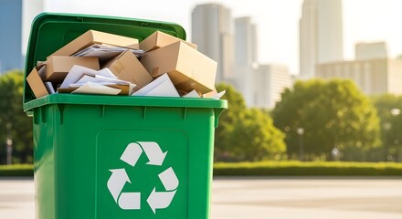 Overflowing green recycling bin in cityscape with cardboard and paper