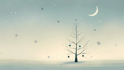 Winter christmas tree snow moon snowflakes holiday season festive december celebration new year scene art