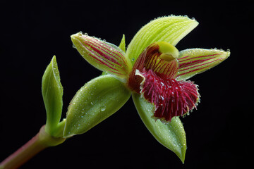 Delicate green orchid with striking red center, exuding subtle beauty