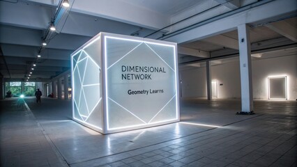 Modern exhibition space featuring illuminated geometric structure displaying message about dimensional networks and geometry concepts