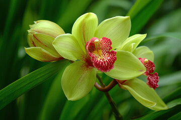 Delicate green orchid with vibrant red accents, blooming in natural light