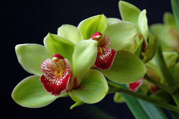 Elegant green orchid with red details, delicate bloom, natural beauty