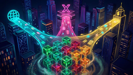 A vibrant digital cityscape illustrates global connectivity, financial transactions, and technological innovation with neon lights and futuristic elements.