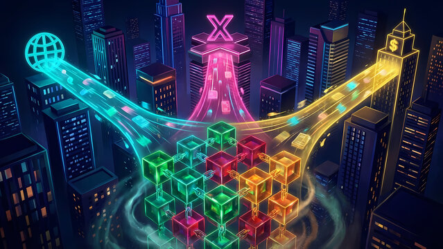 A vibrant digital cityscape illustrates global connectivity, financial transactions, and technological innovation with neon lights and futuristic elements. - Powered by Adobe