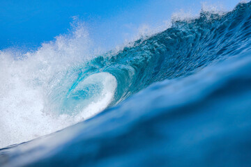 Massive blue ocean wave curling, bright turquoise barrel breaking with foamy crest and spray, sunlight