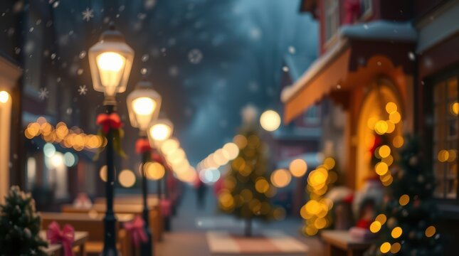 Christmas town holiday lights snowy night winter wonderland festive season street lamps decoration bokeh - Powered by Adobe