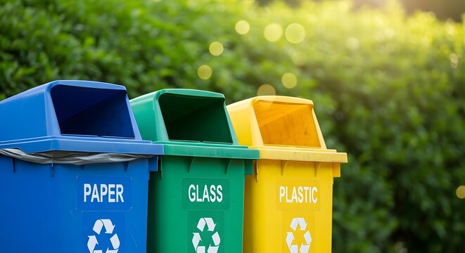Colorful recycling bins for paper glass and plastic in nature