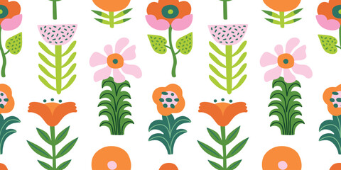 Seamless jungle tropical abstract pattern with tropical flowers and leaves. Summer texture. Vector illustration. White background.