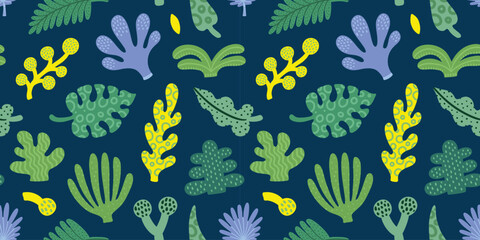 Seamless modern simple jungle tropical abstract pattern with palm tree, leaves. Summer texture. Vector illustration. Dark blue background. © Anna