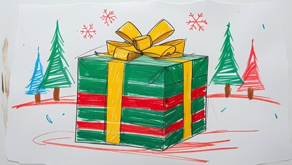 Christmas gift present drawing holiday season celebration winter snow festive wrapped xmas trees snowflakes