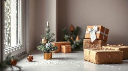 Christmas tree gifts window holiday season present decoration festive celebration winter xmas merry