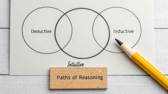 Venn Diagram Illustrating Deductive, Inductive, and Intuitive Paths of Reasoning on a Desk with Pencil and Label