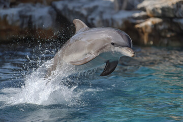 Playful dolphin leaping from blue water, joy and freedom in motion
