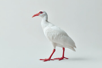 White bird with red legs stands on white surface, looking alert