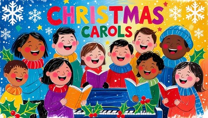 Christmas carols choir kids singing holiday season joyful illustration celebration festive winter scene