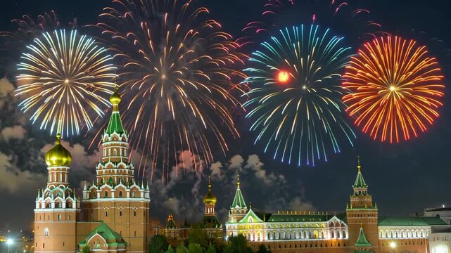 Fireworks explode over ancient buildings in Moscow